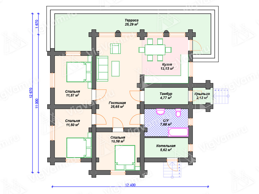 Дом из керамоблока VK536 "Брамптон" c 3 спальнями план первого этаж