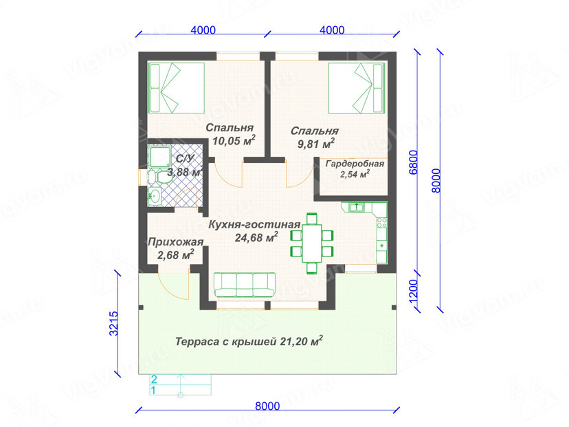 Дом из керамоблока VK538 "Касл-Рок 3" c 2 спальнями план первого этаж