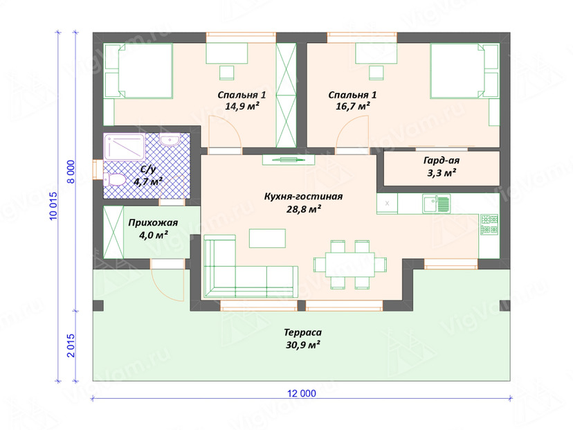 Дом из керамоблока VK537 "Касл-Рок 2" c 2 спальнями план первого этаж